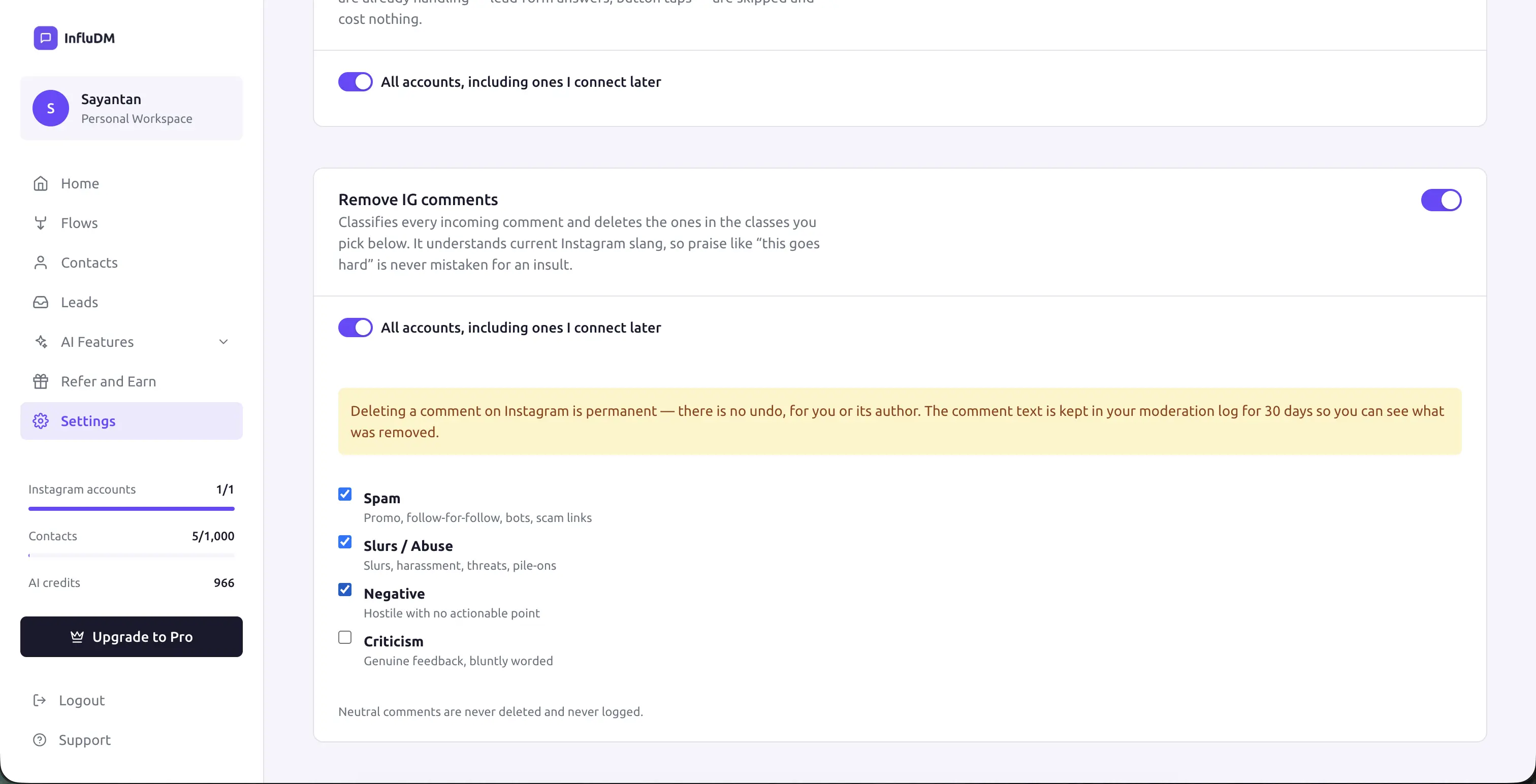 Comment Moderation settings